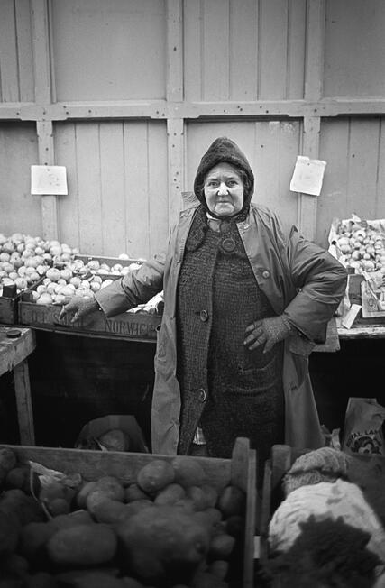 55. Portrait of Jessie Clarke at Potts Greengrocers Stall, Stockport Collection
